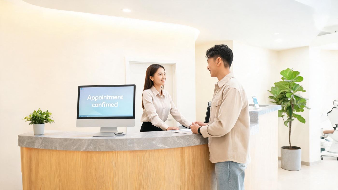 Bright dental clinic reception with a single patient in the chair
